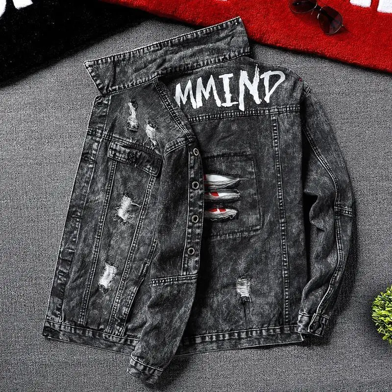 Jeans Coat for Men with Print Yellow Short Punk Denim Jackets Man Casual Slim Hole Ripped of Fabric New in Branded Winter 2024 G