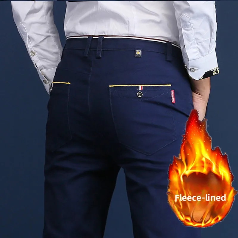 

Men's Winter Thiened Fce Casual Pants Elastic Straight Leg Busin Warm Slim Fit Small Foot Korean Sle Long Trousers