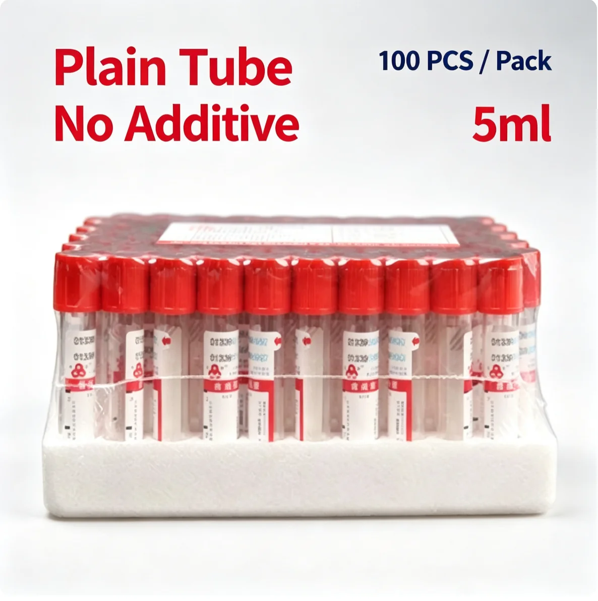 Pack of 100 disposable sterile red-top blood collection tubes, plain tubes without activator, PRF tubes for lab testing, 5 ml