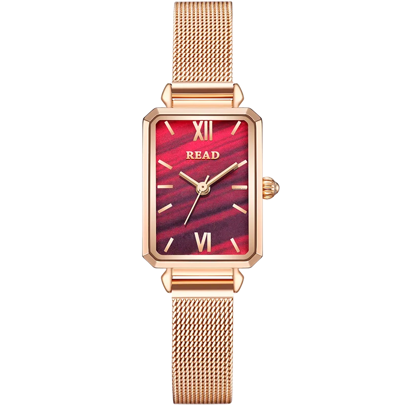READ Ladies Analog Dress Watch | Slim Square Case | Red Marble‑Style Dial | Rose‑Tone Mesh Band | Daily Water Resistant Watch
