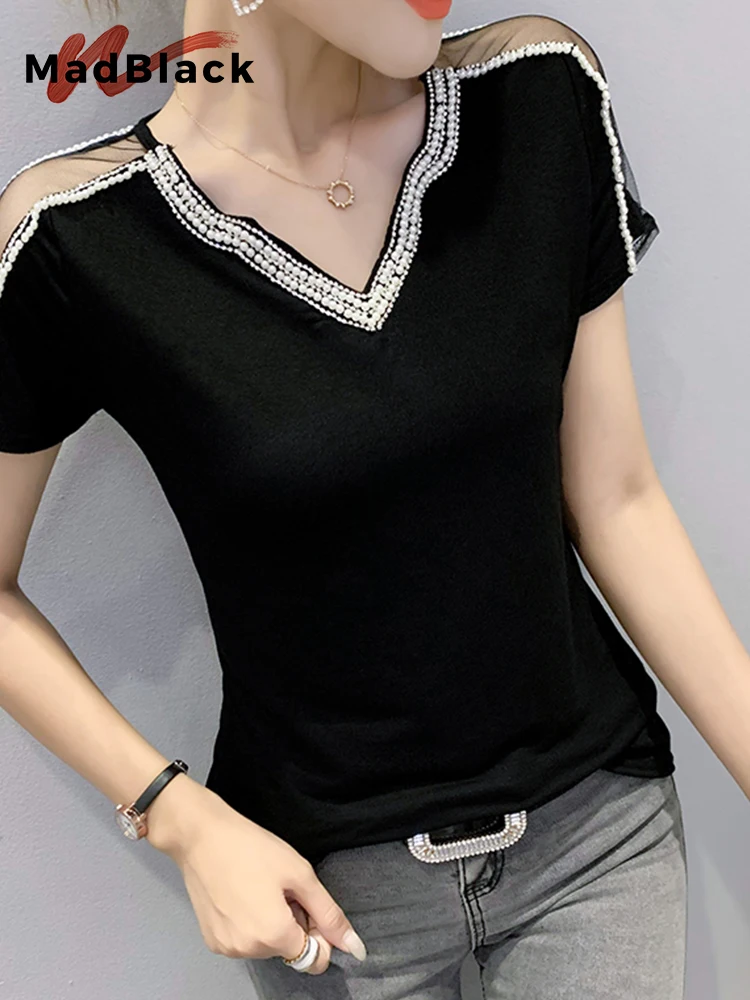 MadBlack Summer European Clothes V Necks T-Shirt Women Sexy Luxury Beaded Slim Mesh Tops Short Sleeve Bottoming Tees T33023X