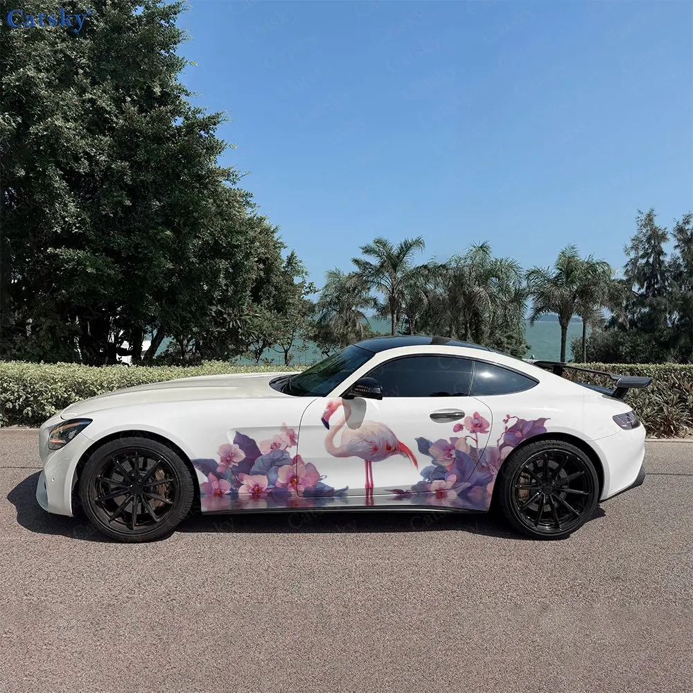 2pcs Flower & Flamingo Whisper, Durable, Fade-resistant, Enhance Vehicle Aesthetics With Bold Artistic Design Car Vinyl Wraps