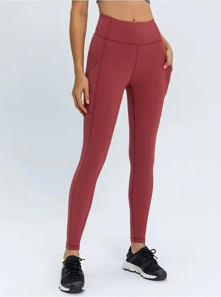 Limão-Leggings Esportivos de Cintura Alta Feminina, Calça Yoga, Bolsos Laterais, Stretch, Hip Lift, Fitness Emagrecedor, Treino, Limão, 25"