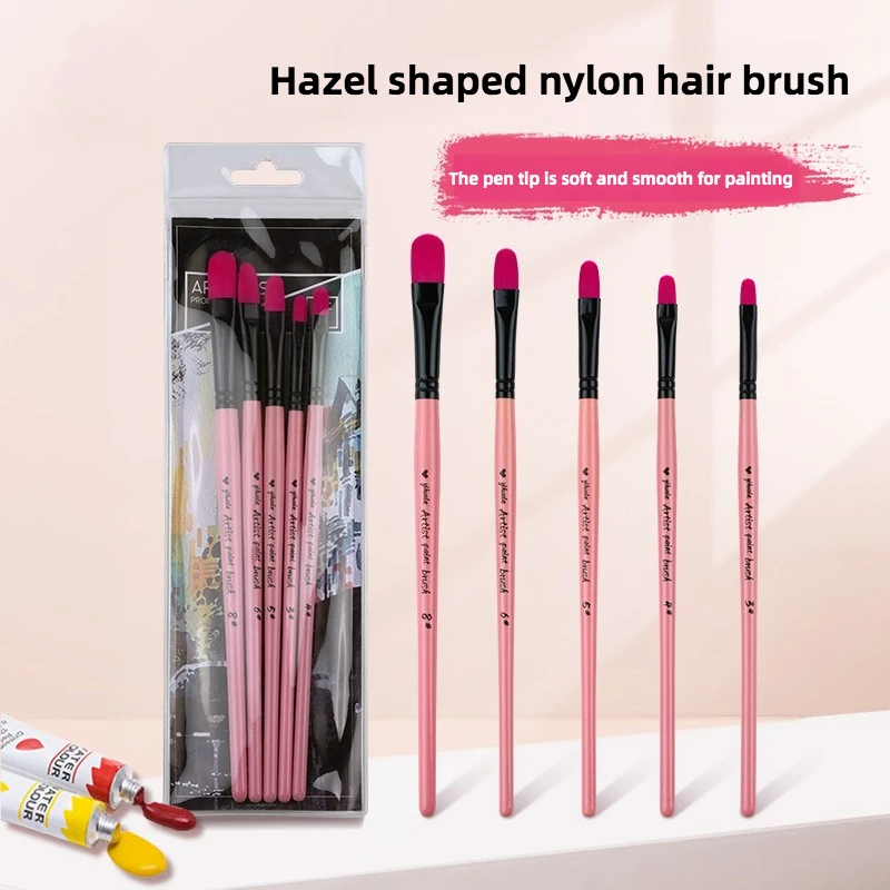 

5pcs Pink Rose Red Nylon Hair Hazel-shaped Gouache short wooden pole Paint Pen Watercolor Pen set Brush professional art supply