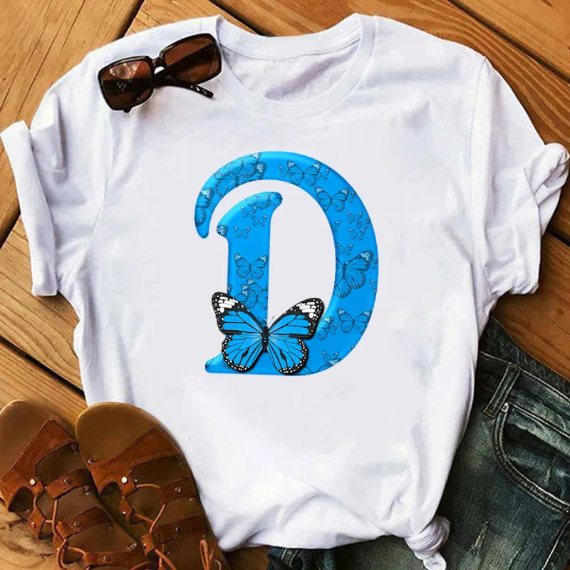 26 English Letters Butterfly Print T-shirt Short Sleeve Women Oversized T Shirt  Tops  Graphic T Shirts  Harajuku  Harajuku