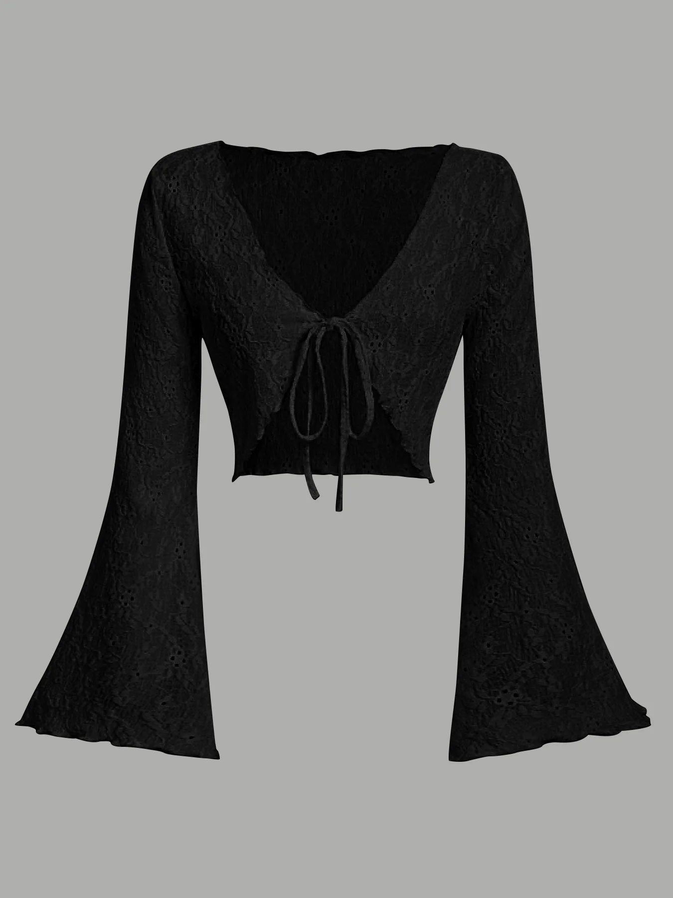 Women Eyelet Lace Flare Sleeve Crop Cardigan Front Tie V Neck Scalloped Edge Solid Black Summer Cover Up Shrug Top