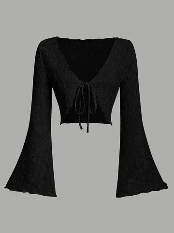 Women Eyelet Lace Flare Sleeve Crop Cardigan Front Tie V Neck Scalloped Edge Solid Black Summer Cover Up Shrug Top