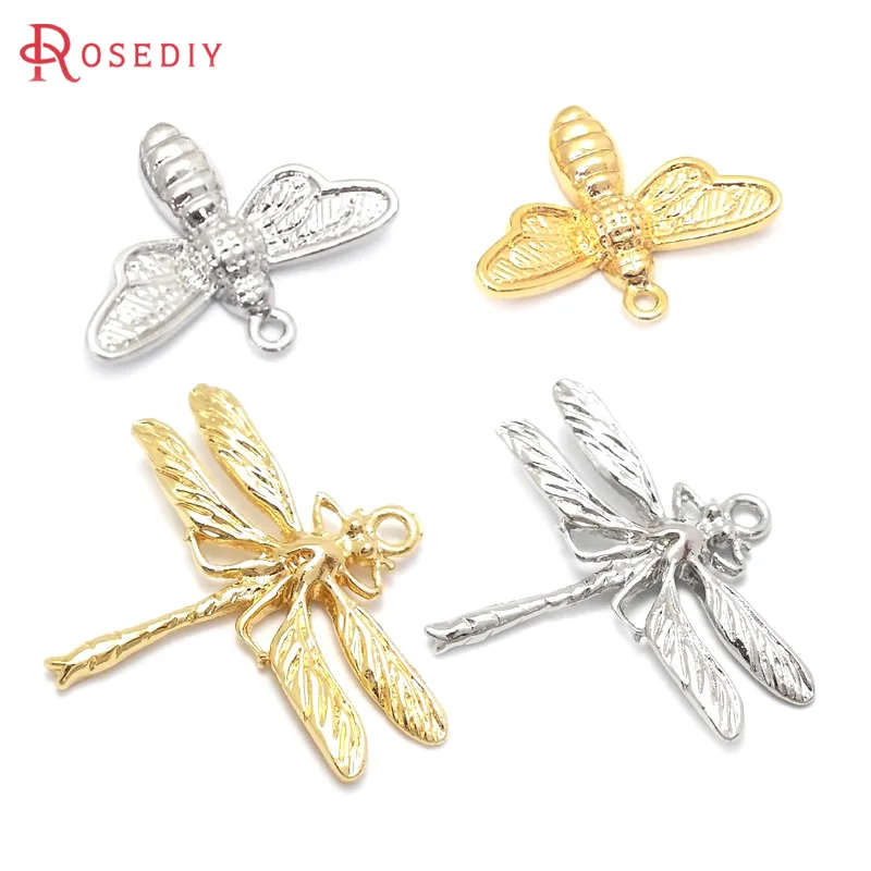 6PCS 18K Gold Color Brass Dragonfly and Bee Charms Pendants High Quality Diy Jewelry Findings Earrings Accessories Wholesale