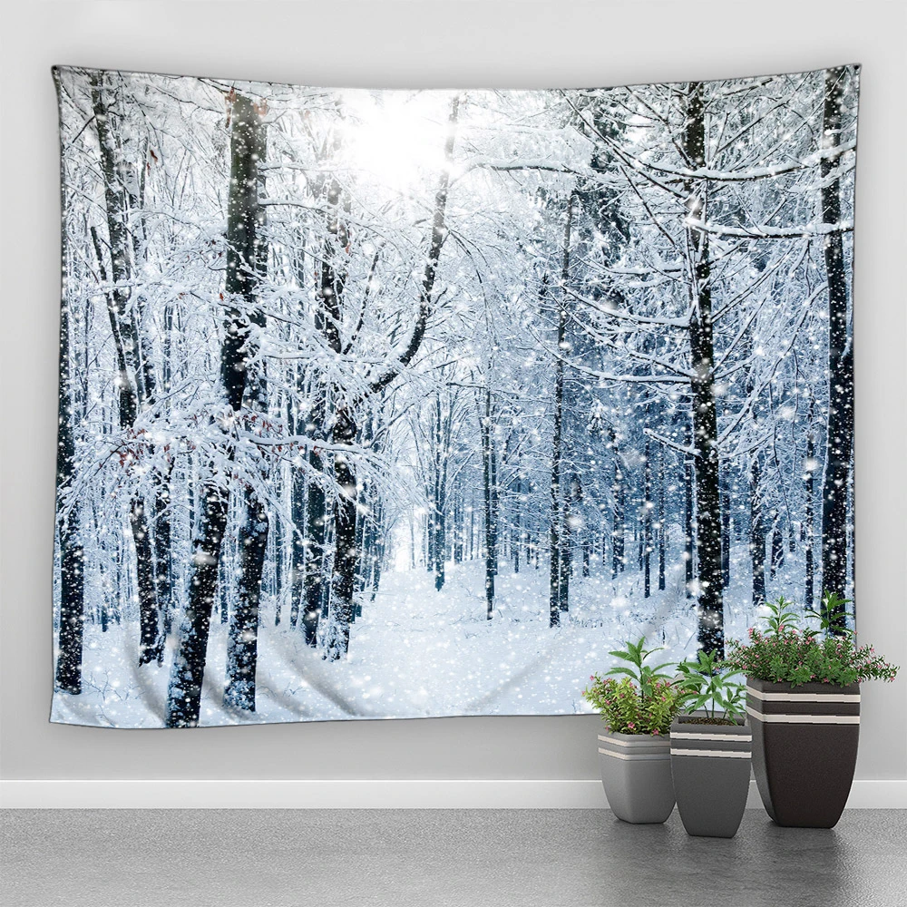 Winter Snow Scenery Snowman Elk Print Pattern Tapestry Home Living Room Bedroom Wall Decoration Background Fabric 