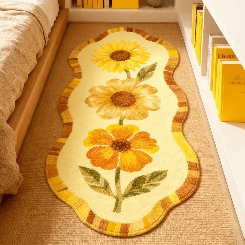 Bedroom Carpet Soft Comfortable Faux Cashmere Floor Mat Long Floral Print Irregularly Shaped Bedside Mats Modern Home Decor Rug