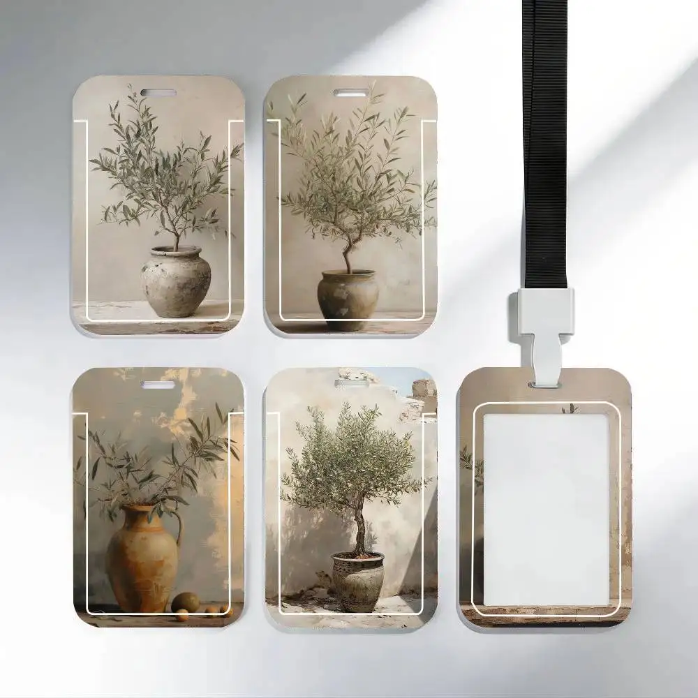 Vintage Italian Olive Tree In Vase Black Lanyard Card Holders Student Meal Cards And Campus Ids School
