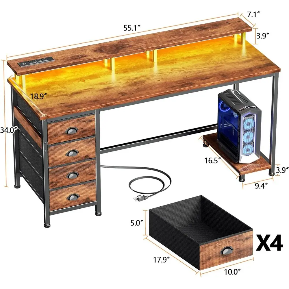 Escritorio para juegos marrón rústico 55 con 4 cajones, tomas de corriente, luces LED y soporte para monitor para oficina en casa compacta