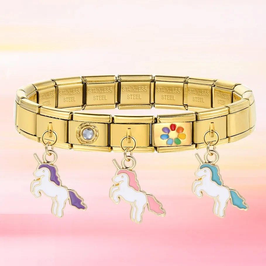1 Stück Modischer Einhorn-Anhänger mit Tropfglasur in Rosa, Blau, Lila, Italienischer Charm-Anhänger, passend für 9mm Edelstahl-Armbänder, Perlen zur Schmuckherstellung – Detail 2