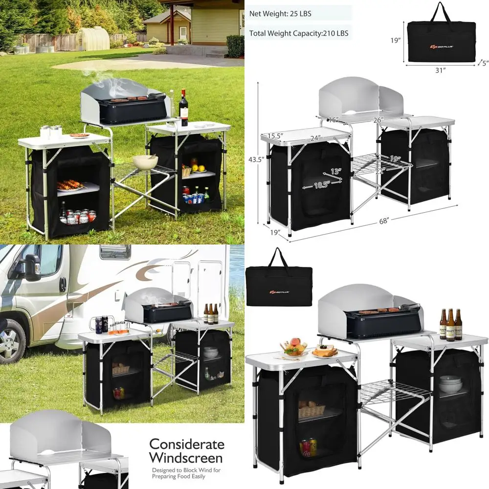 

Портативный уличный кухонный стол с местом для хранения, складная кухонная станция для кемпинга, барбекю и пикников, 68 x 19 x 43.5, черный