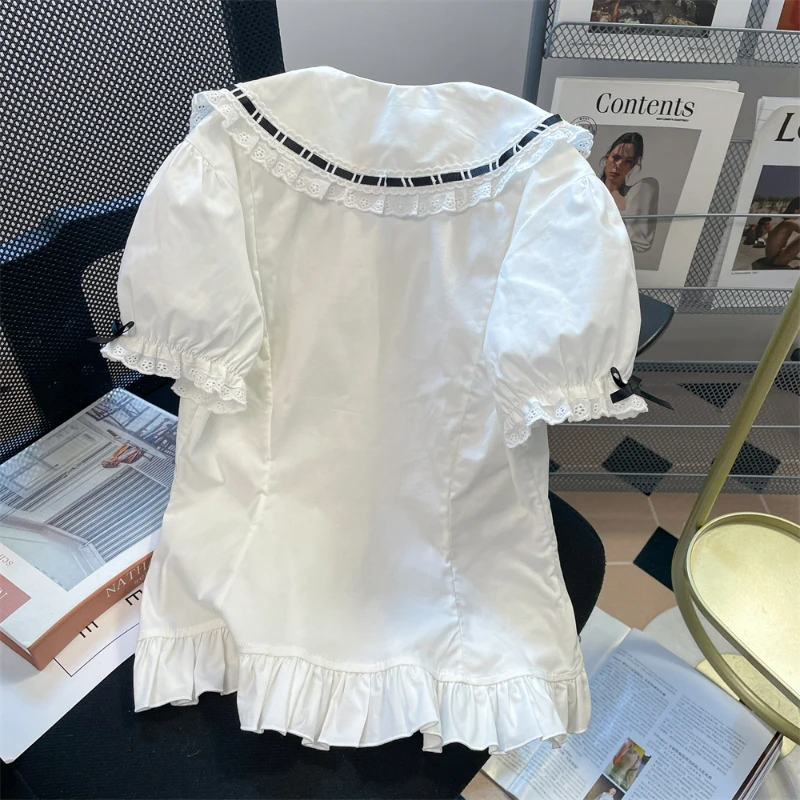 Японская Милая женская блузка в стиле "Лолита", рубашки с короткими рукавами и воротником «Питер Пэн» с оборками, универсальные эстетичные блузки Y2k