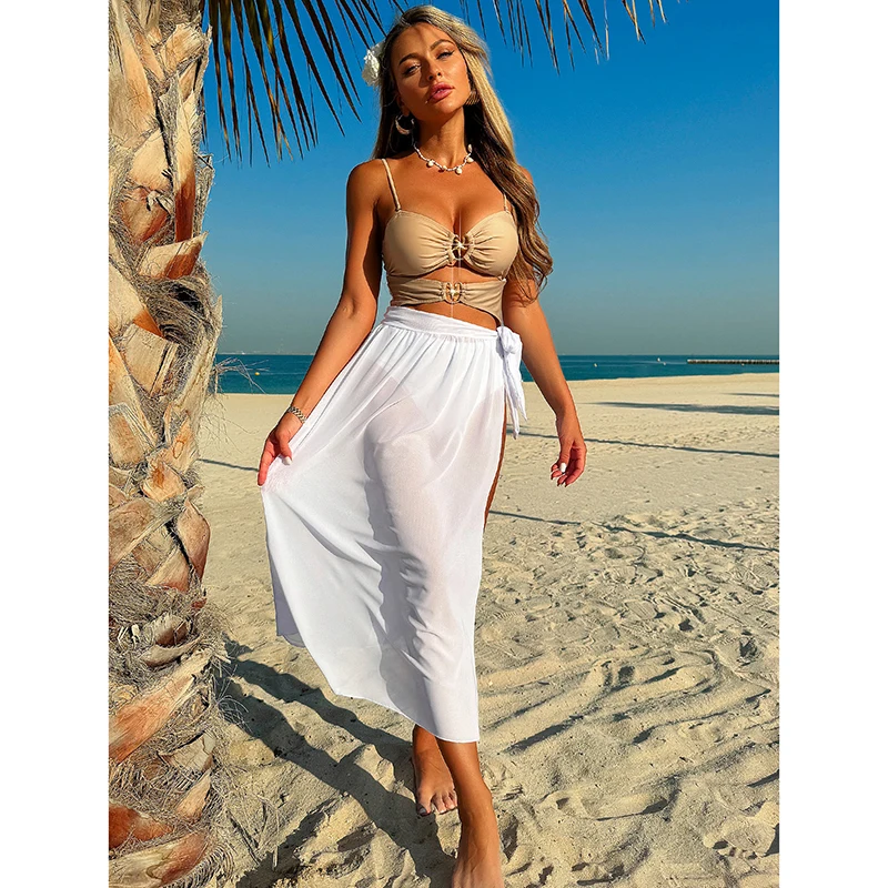 Bikini de una pieza con bloque de Color para mujer, traje de baño Sexy con falda para la playa, traje de baño de moda para vacaciones en la playa de verano