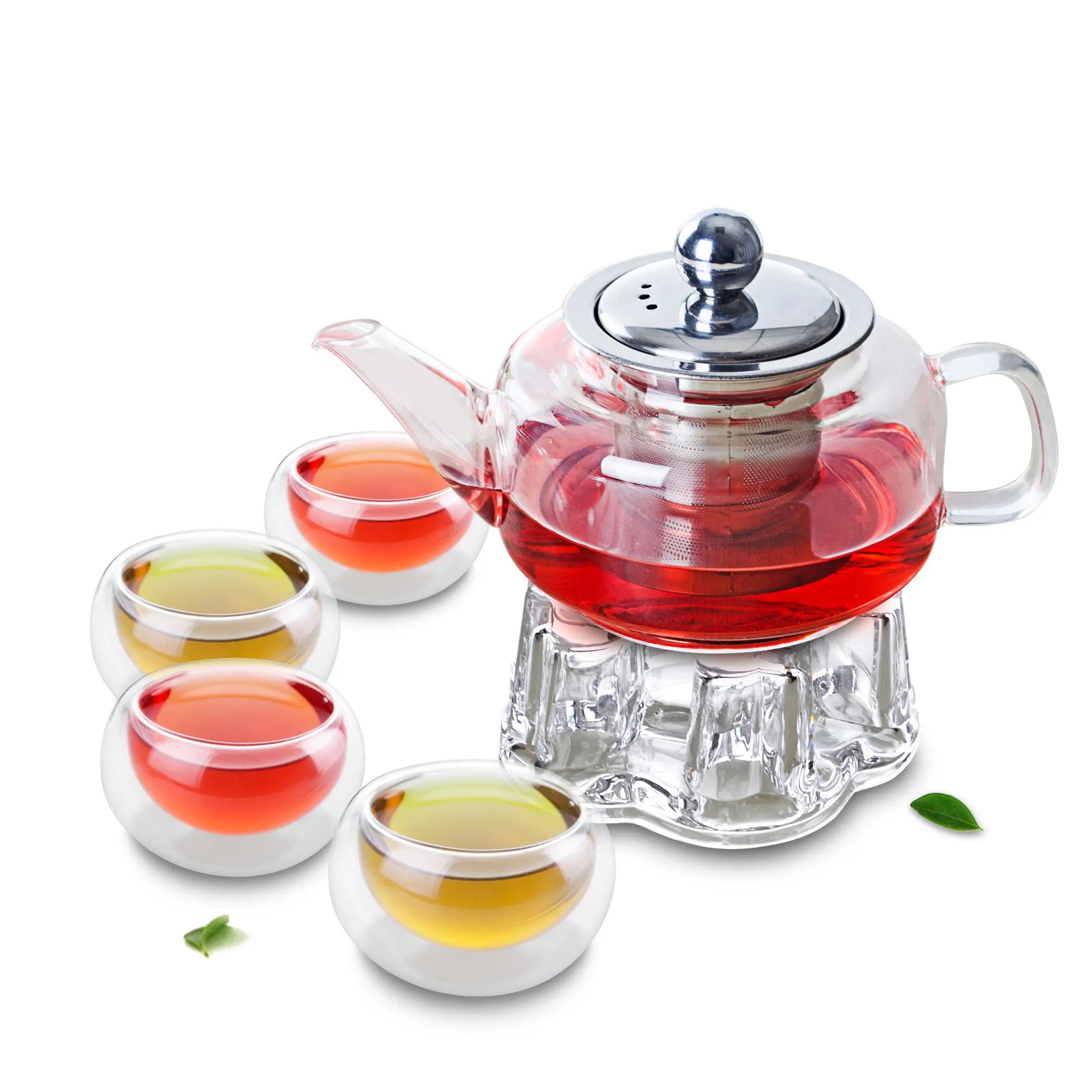 

1x 6in1 Kung fu Coffee Tea Set B-430ml Glass Tea Pot with Stainless Steel Infuser Filter+Crystal Warmer +4*Double Wall Layer Cup