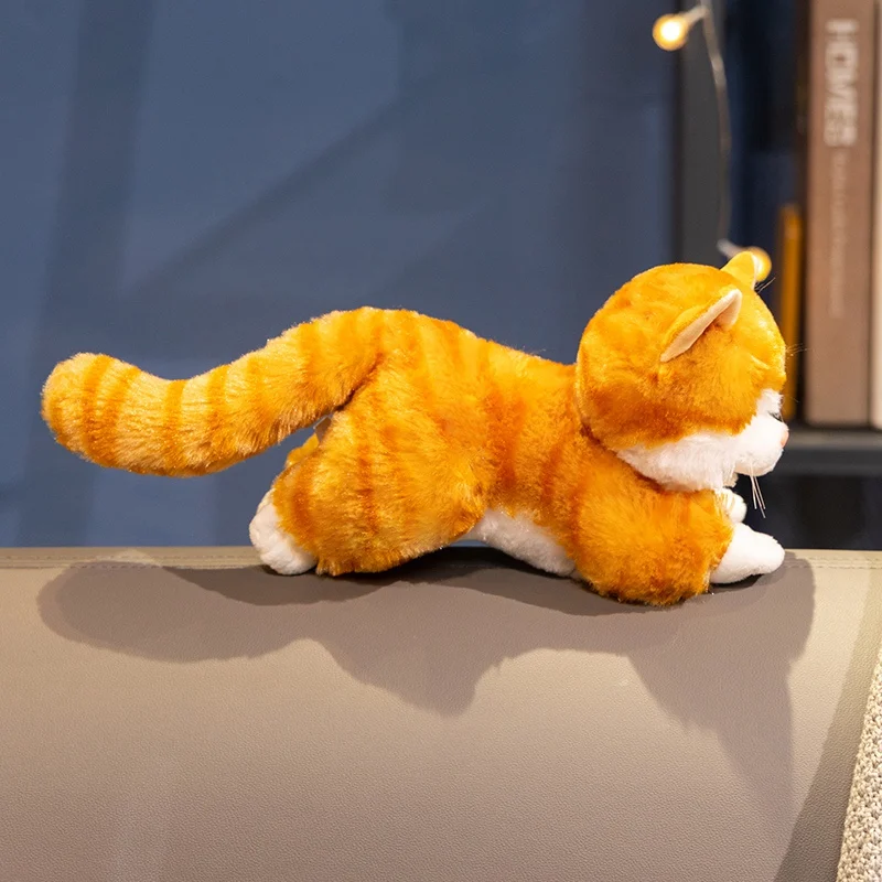 31 cm mignon Simulation chat couché poupée en peluche jouet en peluche blanc gris Orange rayure dessin animé Animal oreiller flou peluche cadeau