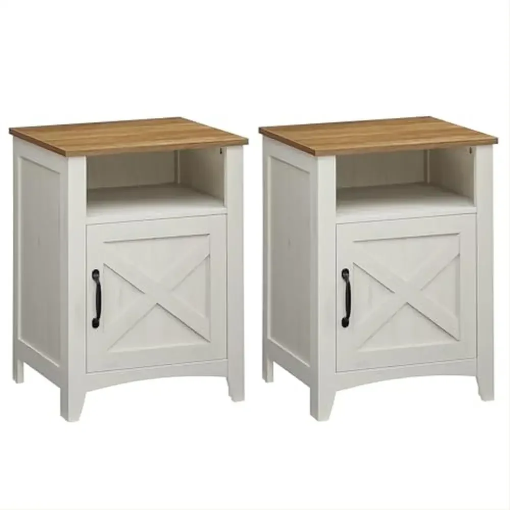 

Barn Door Nightstands Set of 2 Bedroom Side Tables Storage Open Compartment Rustic Stylish