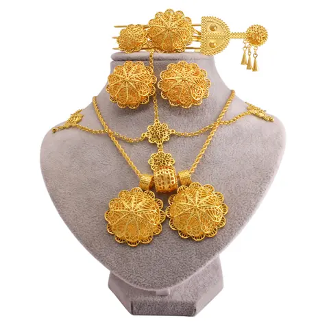 Dubai 24K Gold Plated Jewelry Set for Women African Bridal Necklace Earrings Hairpin Nigerian Wedding Party Gift
