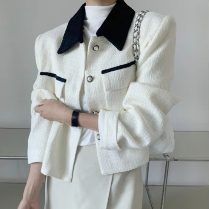 Korean Style Long Sleeve Woolen Coat with Check Design Casual Fashion Lapel Multiple Pockets Color Block Ladies Outerwear