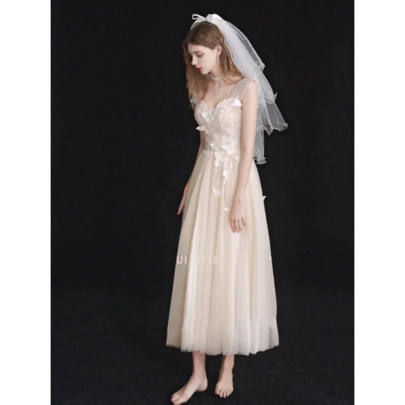 シャンパンライトのウェディングドレスエレガントな女性オーガンザアップリケパーティーイブニングウエディングドレス 2025 新しいカスタマイズされたフォーマルな機会のドレス