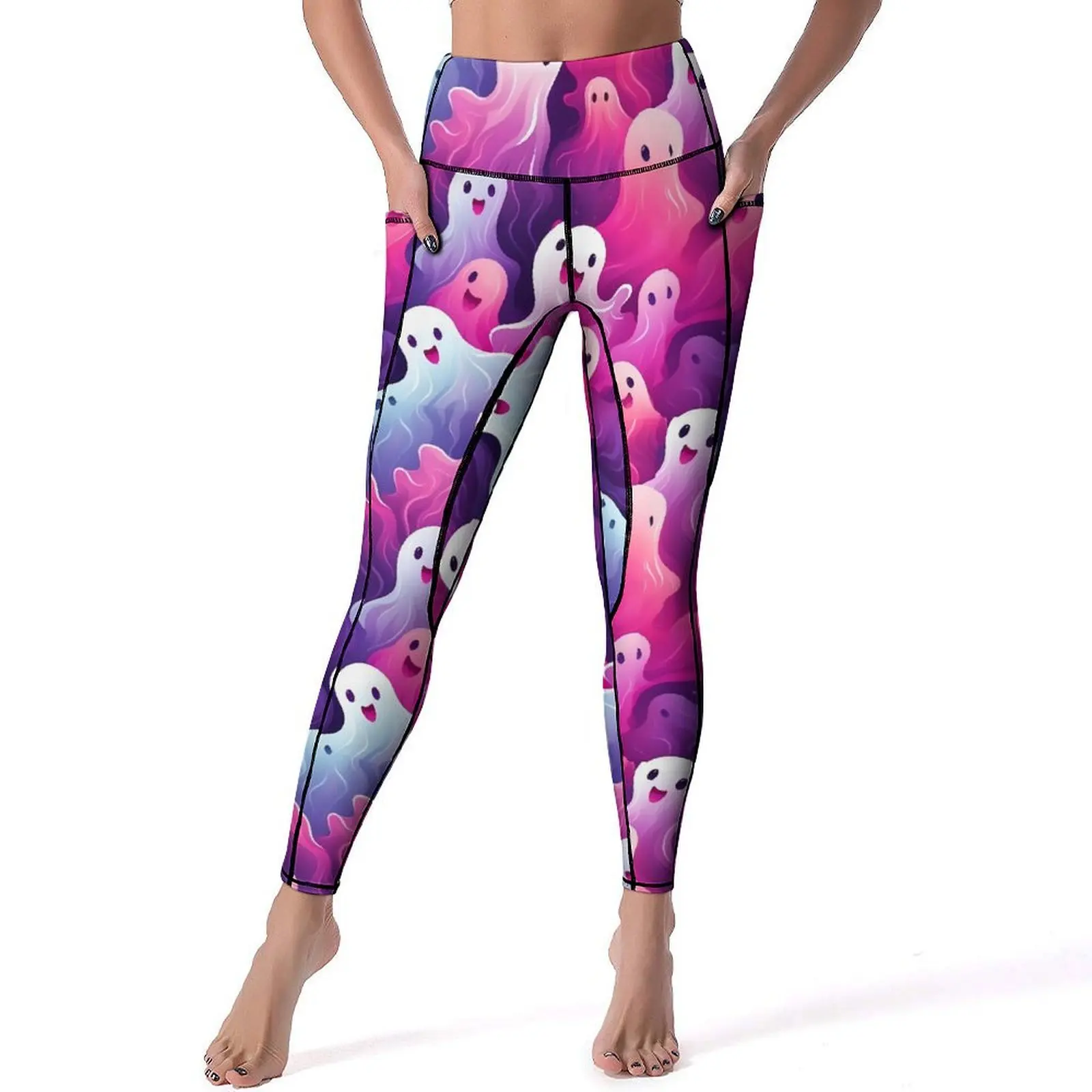 

Color Ghost Yoga Pants Pink And Purple Whimsical Leggings Sexy High Waist Novelty Yoga Sports Tights Stretchy Workout Leggins