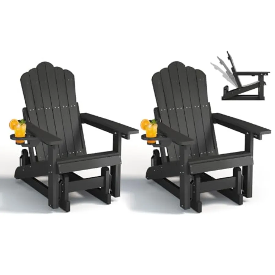 Outdoor HDPE Adirondack glider chair set of 2 with 3-level adjustable backrest, weather-resistant recycled plastic, classic nav