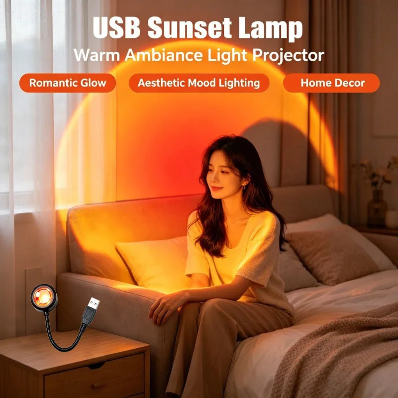 USB Sunset Projection Lamp, Romantic Warm Glow Ambiance Light, Aesthetic Mood Lighting for Bedroom Room Home Decor