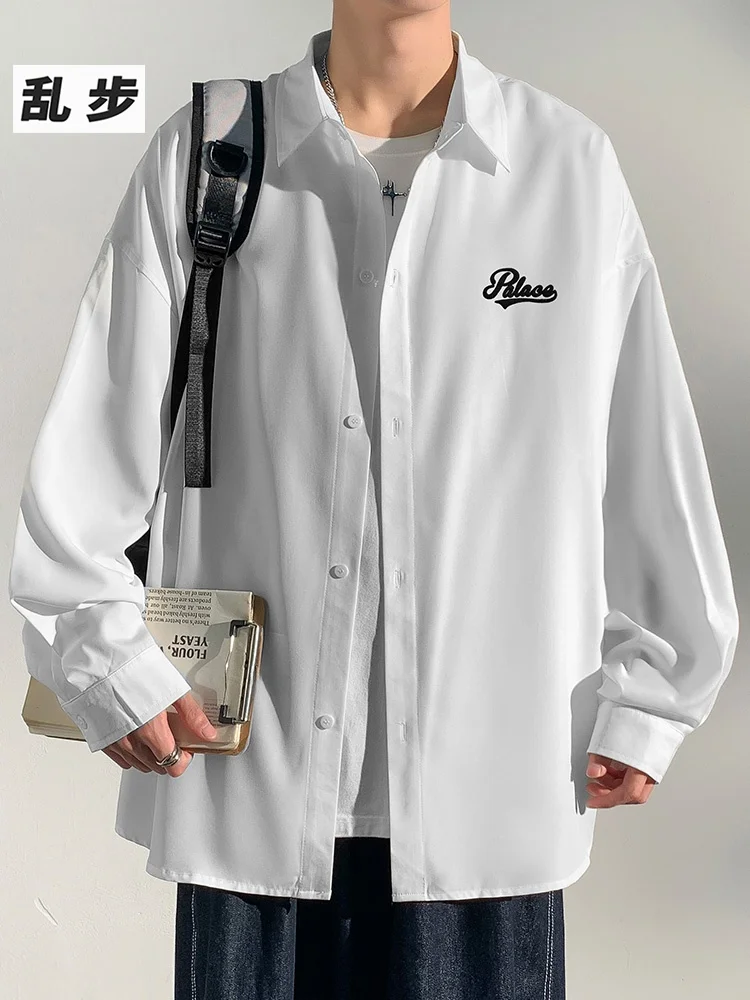 

Spring Trendy Versatile Long Sve Men's irt Casual Loose Drapey Outerwear Premium Feeling Print Polyester Fiber