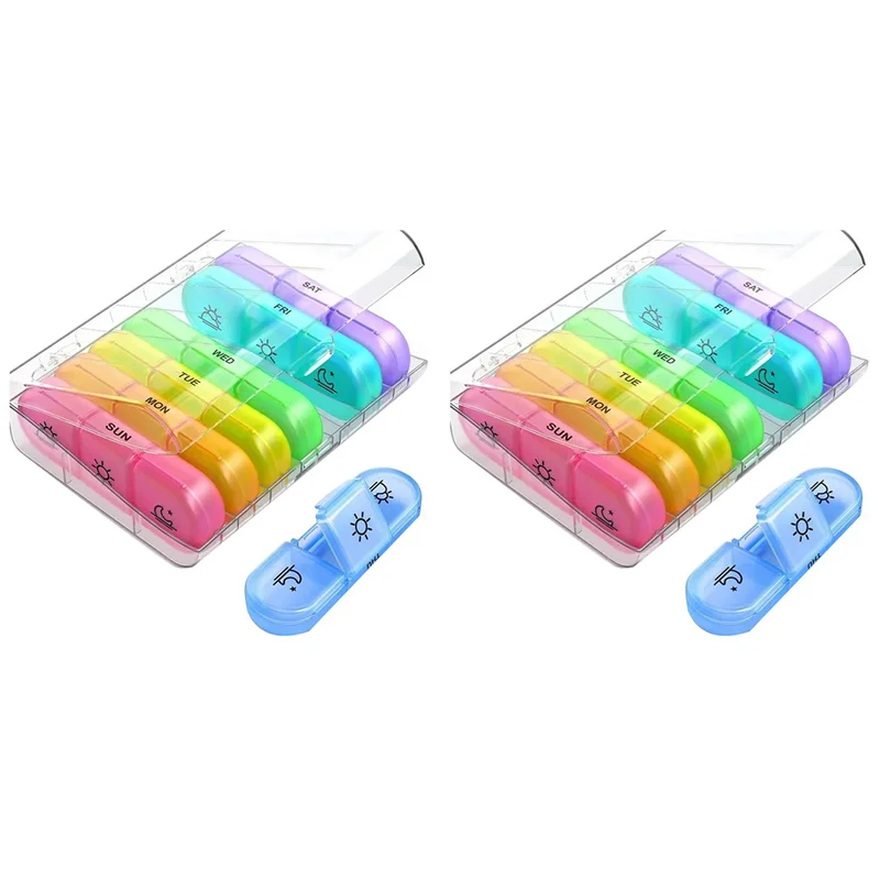 A44T 2X Portapillole Organizzatore da 7 giorni 21 Griglie 3 volte Un giorno Viaggio portatile con grandi scomparti per medicinali per vitamine,B