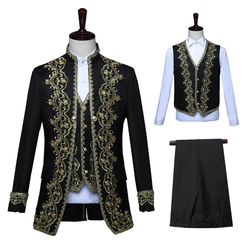 Vintage Men Appliqued 3-piece Suit Black and Gold Stage Stylish White Theater Gala Evening Jacket