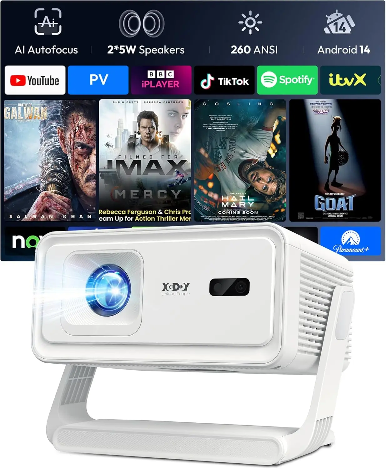 

Smart Projector 4K 1080P Portable with WiFi 6 Bluetooth5.4 Auto Focus Keystone Correction Android Home Theater