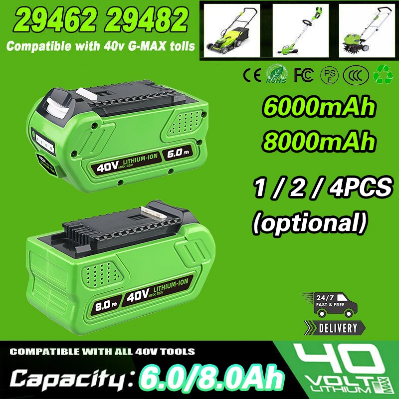 

1~4 шт. 40В 6.0/8.0Ач 29462 29452 Замена для аккумулятора GreenWorks 40В 29472 Li-ion, совместимый с электроинструментами 40В G-MAX 22262 20642