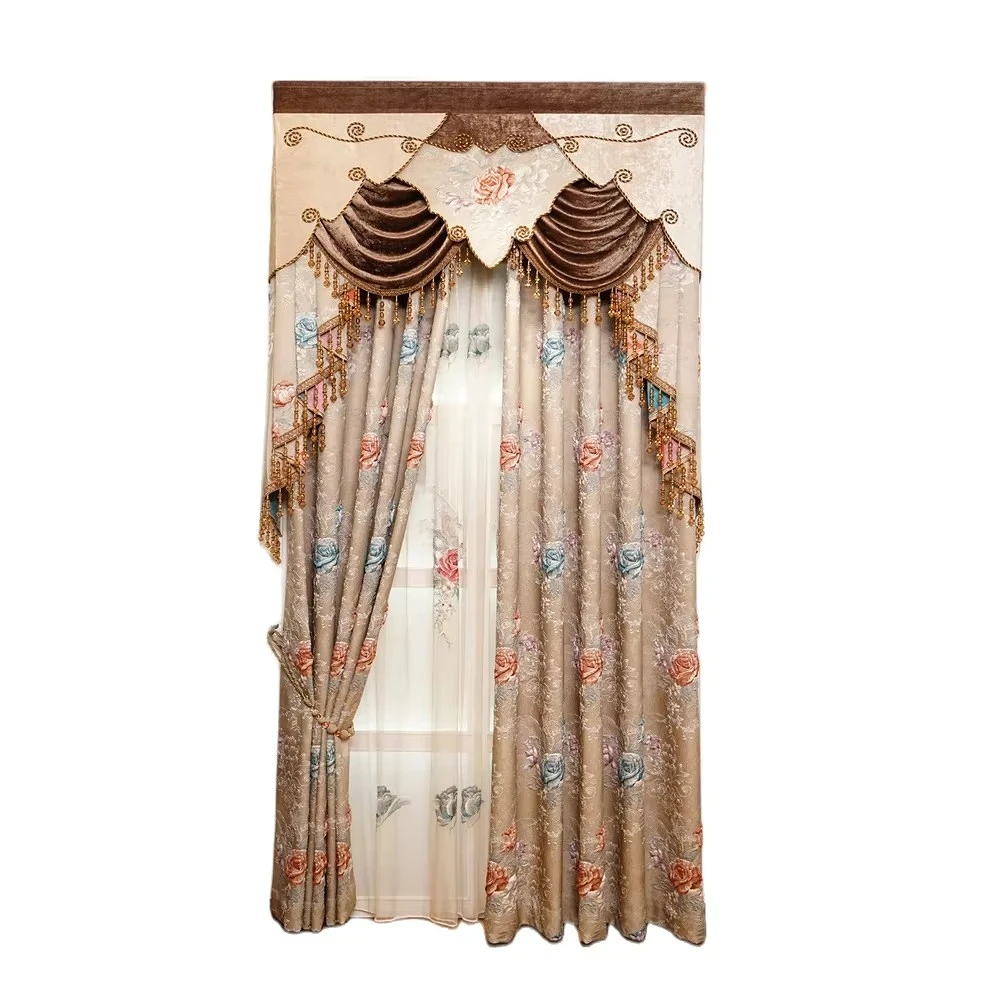 Luxury European Brown 3D Embossed Jacquard Bedroom Floral Curtains High Quality Classic Decorative Living Room/Hotel Curtain