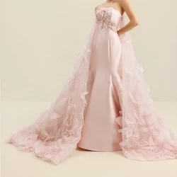 Formal OccasionElegant Luxury Evening Dress 2024 Appliques A-Line Satin Zipper Back Watteau Train Ruffles Floor Length Boat Neck