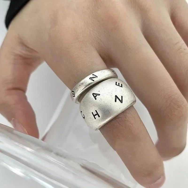 

925 Sterling Silver Geometric Vintage Letter Stacking Adjustable Opening Ring for Women Fine Jewelry Minimalist Accessories