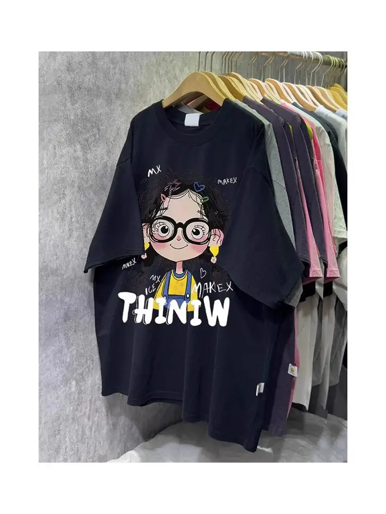 Cseta de manga corta de aodón con estampado de iti de estilo coreano de verano, Top de estilo perezoso ex, cuell...
