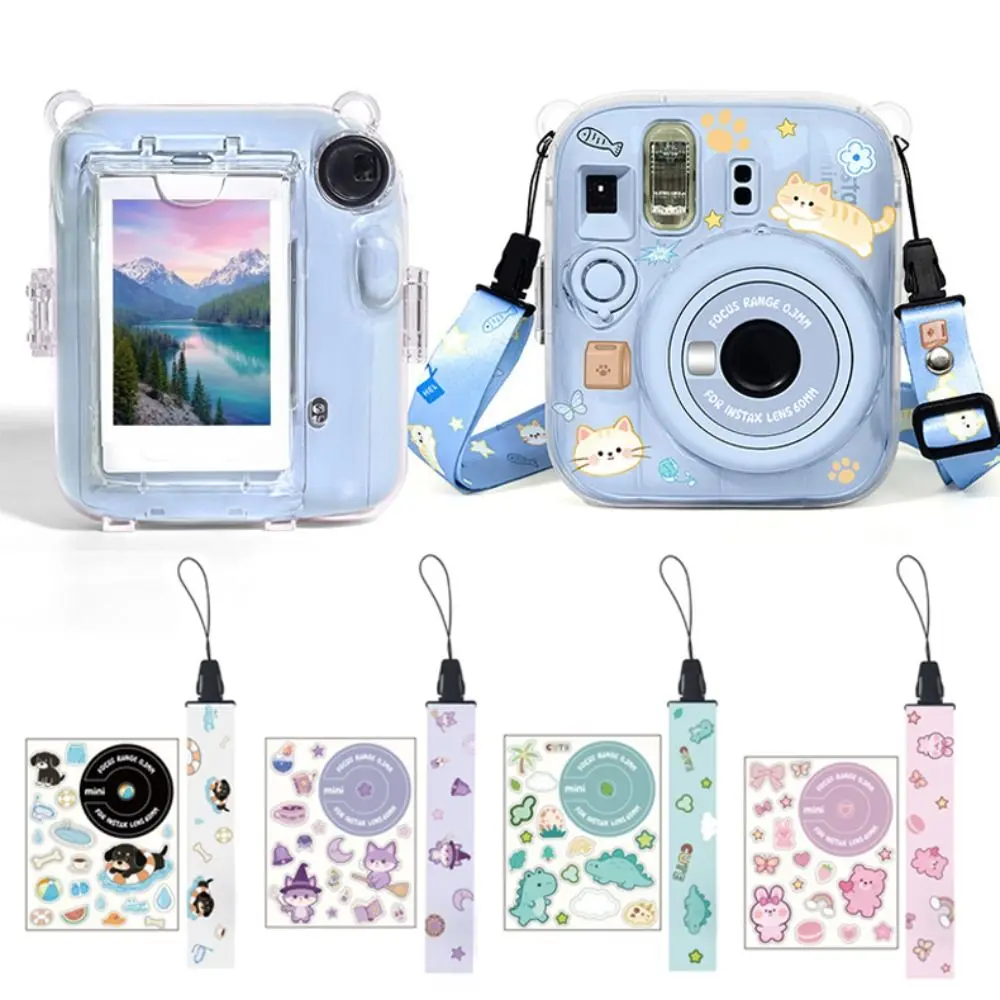 3 in 1 Instant Camera Case with Cartoon Sticker Adjustable Strap Protective Cover Shockproof Crystal for Fujifilm Instax Mini 13