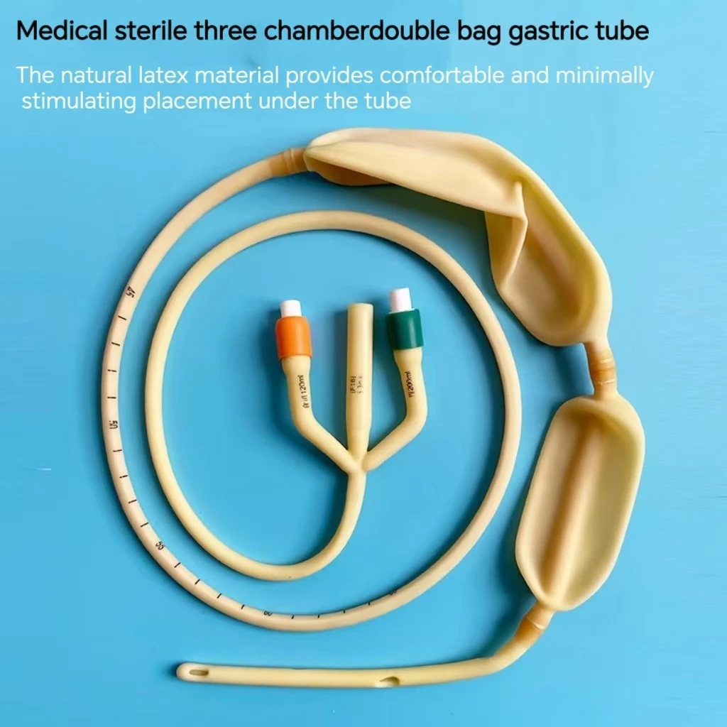 Disposable three chamber double bag gastric tube, sterile latex, gastric fundus compression, hemostasis, drainage, two bag tube