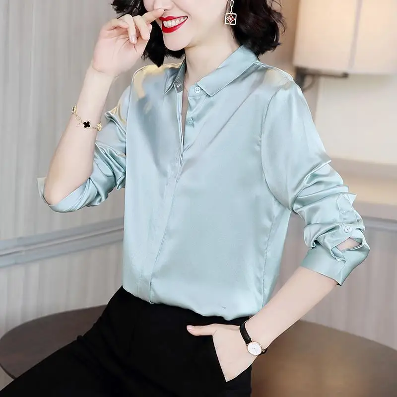 Elegant Solid Color Lapel Long Sleeve Oversized Satin Button Shirt 2022 Autumn New Casual Women\'s Clothing Office Lady Blouses