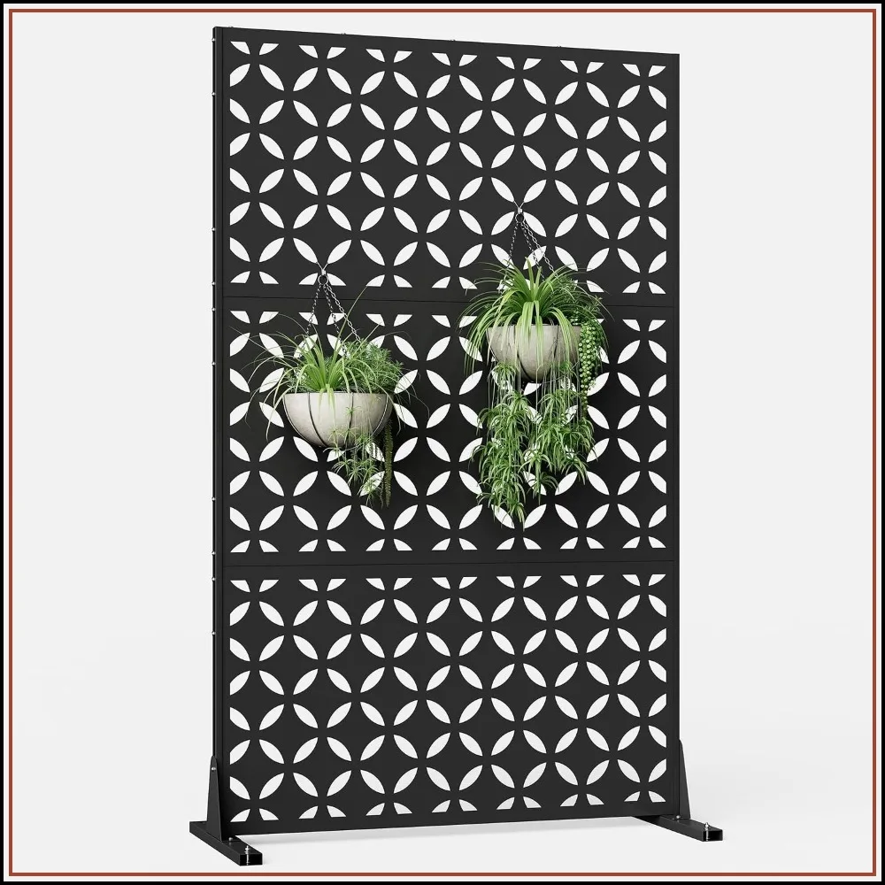 Metal Privacy Screen Outdoor Freestanding Patio Divider 72x44in Decorative Fence Panel with Stand