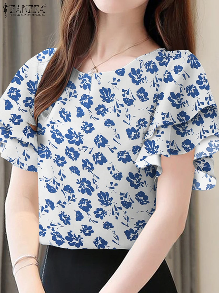 

ZANZEA многослойные рукава с рюшами и короткими рукавами Blusas Mujer с круглым вырезом, повседневные модные блузки с цветочным принтом, летние женские халаты, топы