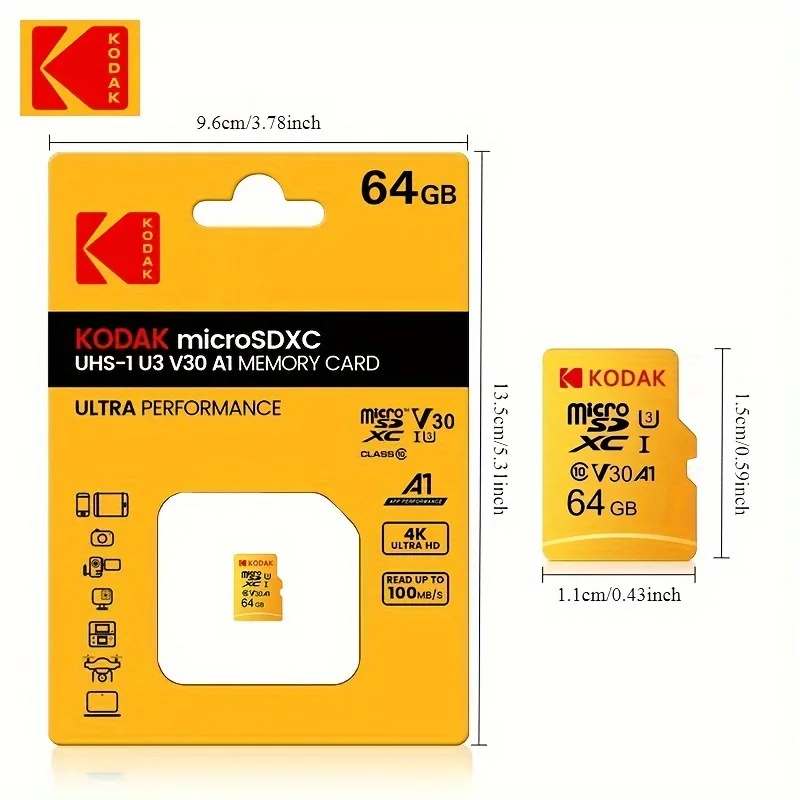 Kodak Micro SD Card Mini SD Class 10 32GB-256GB capacity, suitable for smartphones, dash recorders, drones, gimbals