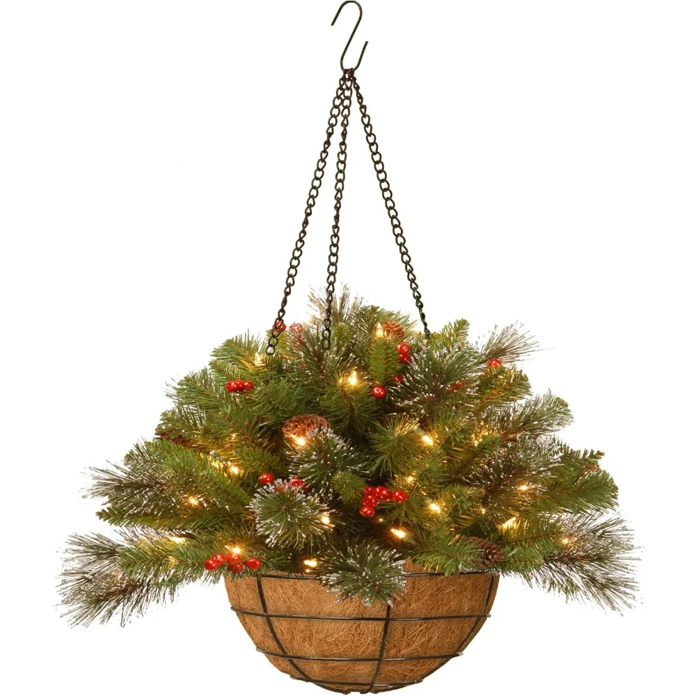 

20-inch Pre-Lit Artificial Christmas Hanging Basket with Glitter, Pinecones, Red Berries, 50 Warm White LED Lights and Timer