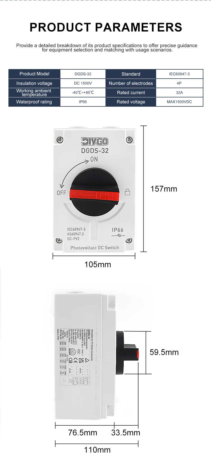 DIY GO PV Solar-Isolationsschalter 4P DC 1200V 32A IP66 Wasserdichter Außenschalter für Photovoltaiksysteme mit Drehgriff – Detail 11