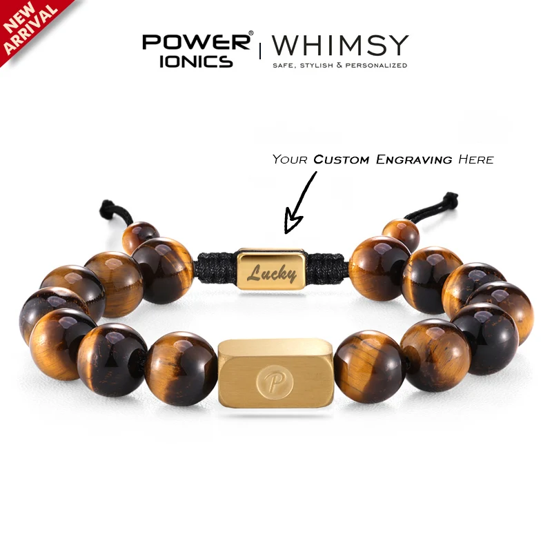 POWER IONICS 10mm Natural Tiger's Eye Beads Adjustable Bracelet - 18K Gold Plated Unisex Jewelry Custom Engrave Gift