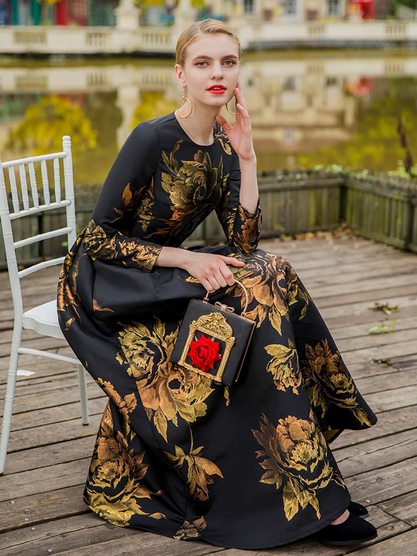 Elegant Female Long Maxi Jacquard Dress Pretty Dresses Women Evening Floral Vintage Ladis Party Fall Winter Clothes