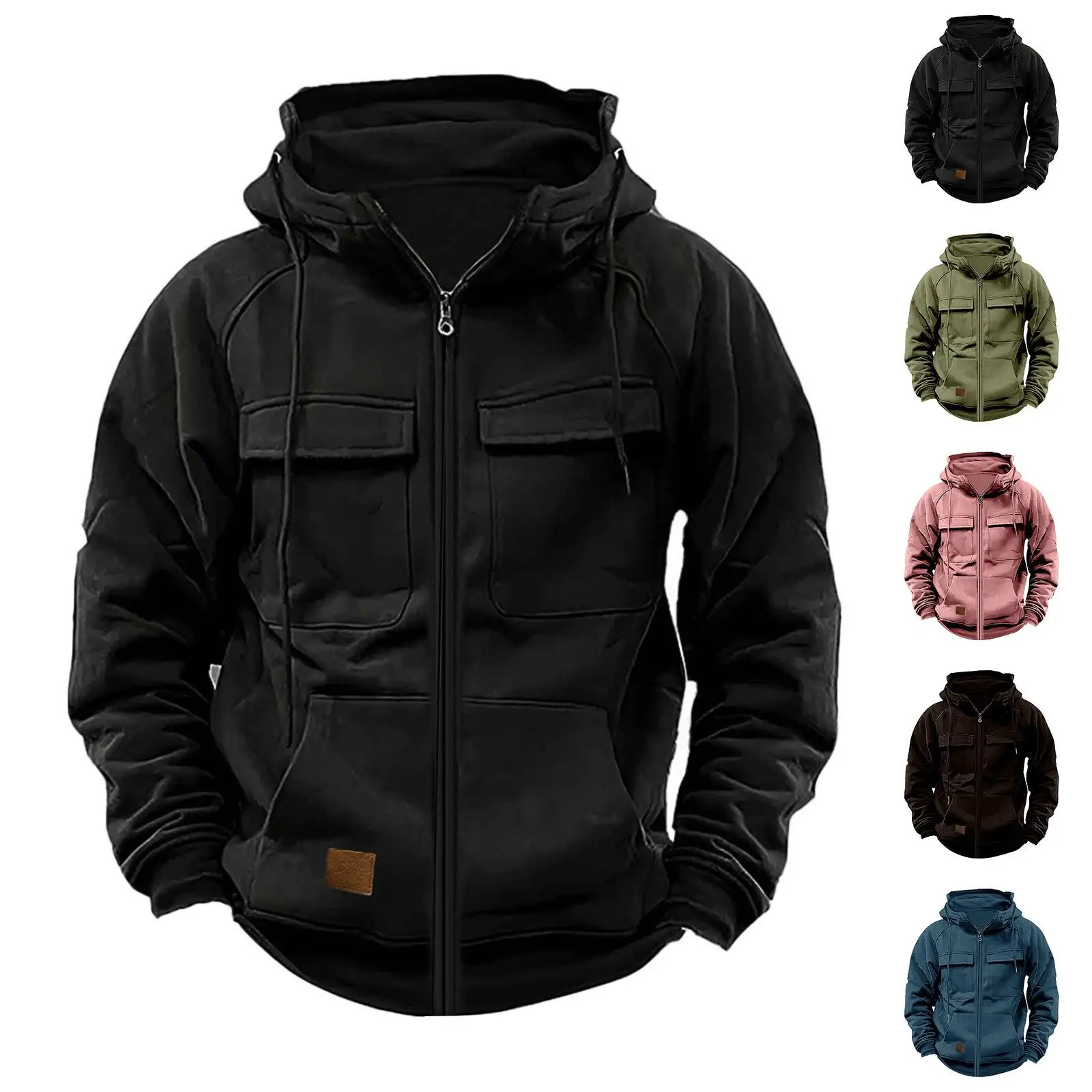 

Men's Hooded Sweatshirt Multi Pocket Leather Cardigan Street Style Fleece Casual Open Cardigan Easy Care Winter Outerwear