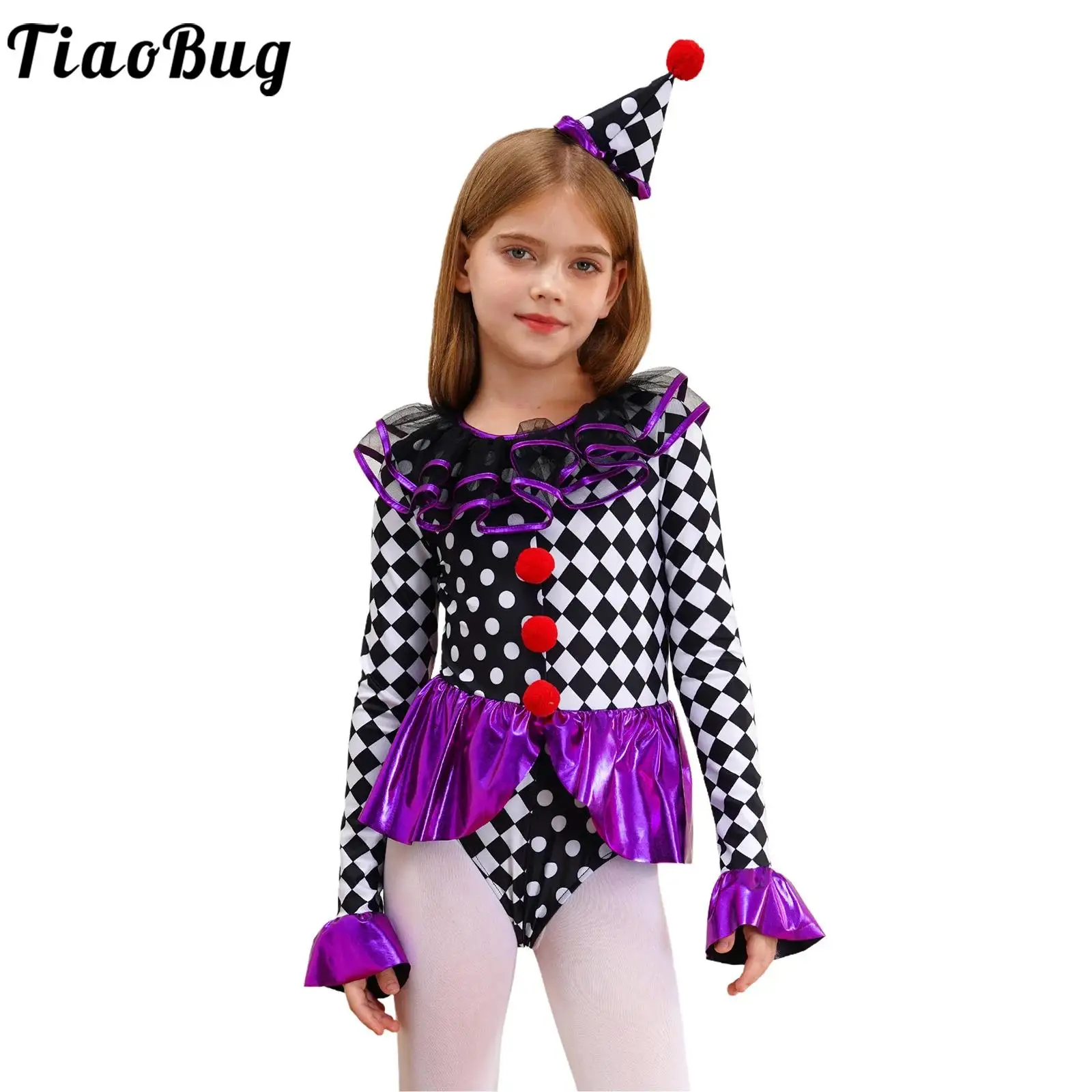 Kids Girls Circus Clown Cosplay Halloween Costume Long Sleeve Checkerboard Print Joker Bodysuit for Carnival Party Performance